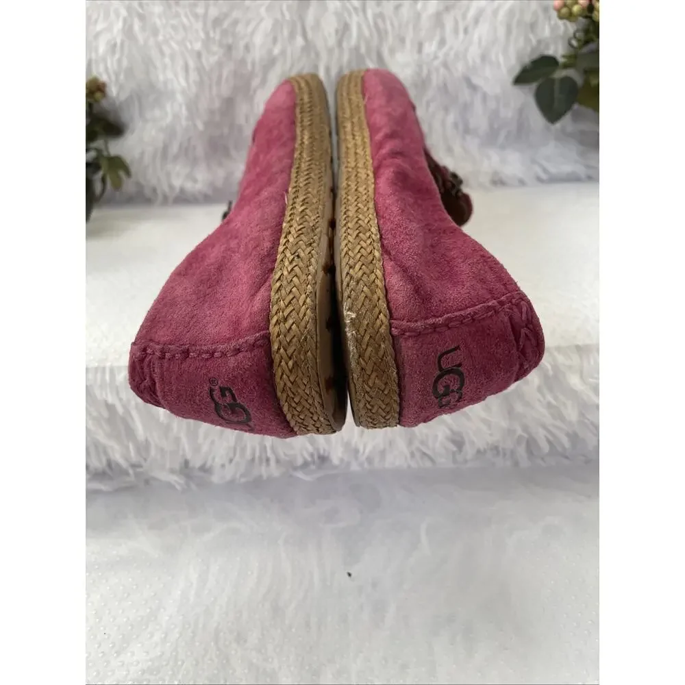 UGG Pink Suede Zip Front Flats Loafers Espadrille Trim Women’s Size 10 EU 41